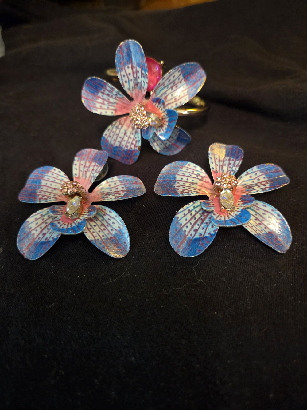 Betsey Johnson Blue and Pink Enamel And Crystal Orchid Earrings And Bracelet Set
